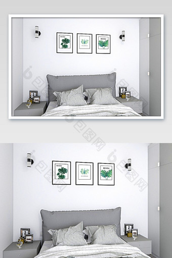 现代极简卧室床头挂画样机图片