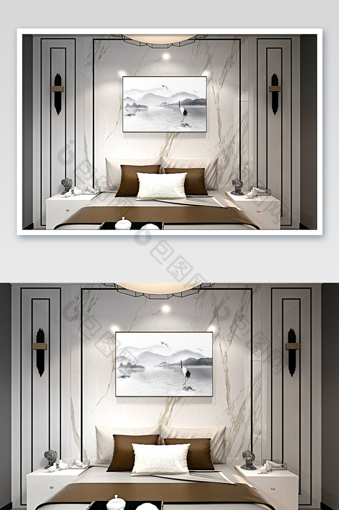 大气新中式温馨卧室床头挂画样机