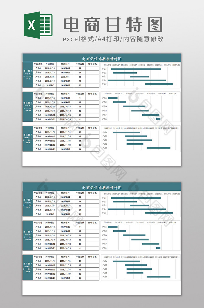 电商促销排期表甘特图Excel模板