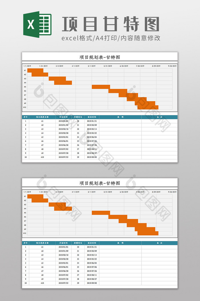 自动刷新项目规划表甘特图Excel模板