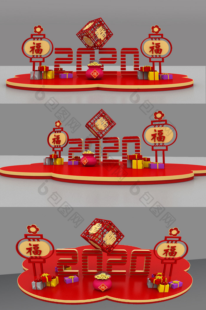 中国红色系现代风格新年美陈模型效果图