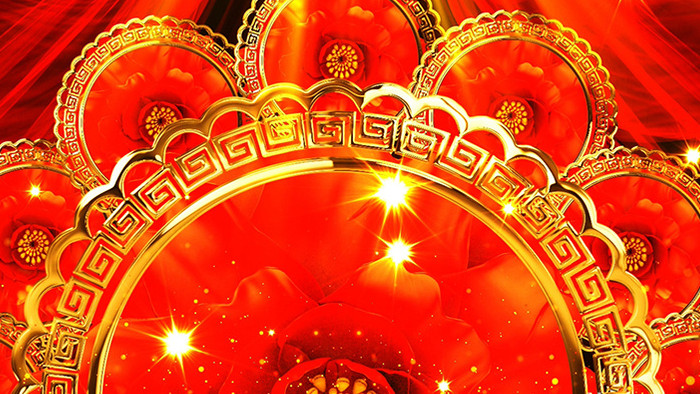 中国风红绸牡丹花节日庆典舞台背景
