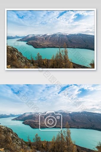 蓝色壮观新疆喀纳斯湖全景摄影图片