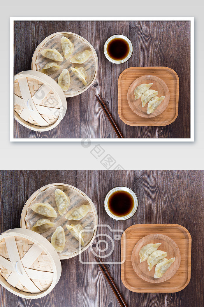 餐桌上排列的饺子蒸饺筷子