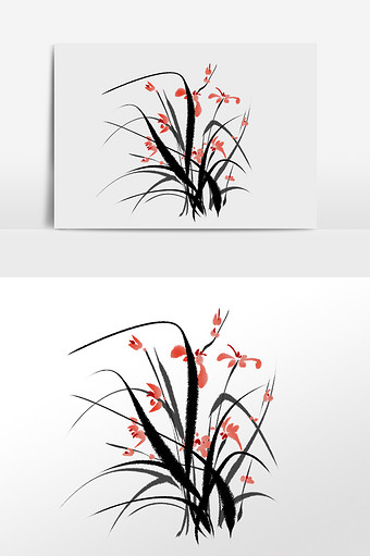 手绘水墨画红色兰花国画插画