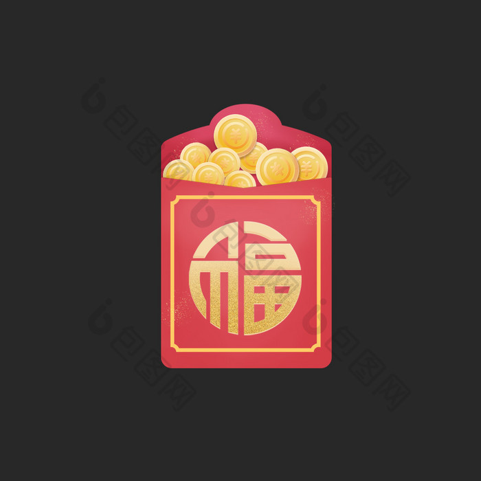 红色喜庆中国风福字金币红包动效icon
