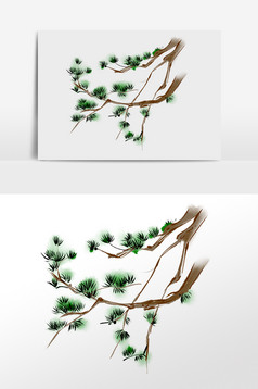 手绘水墨画水墨松树松枝插画水墨松树