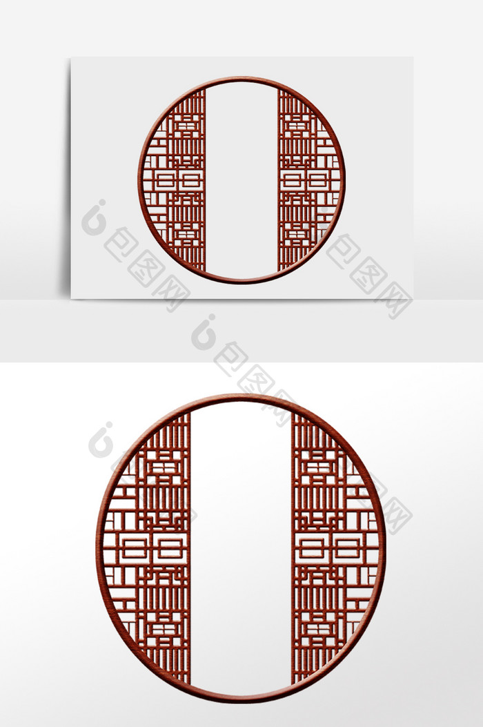 手绘中式复古镂空圆形窗框插画