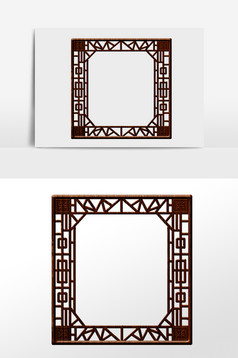 手繪中式復古鏤空窗框插畫中式窗框鏤空窗框