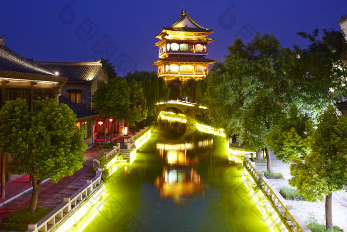 山东省枣庄台儿庄古镇古建夜景图片-包图网企业站