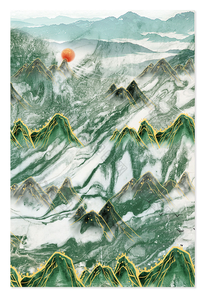 薄荷绿新中式国潮山水纹理背景