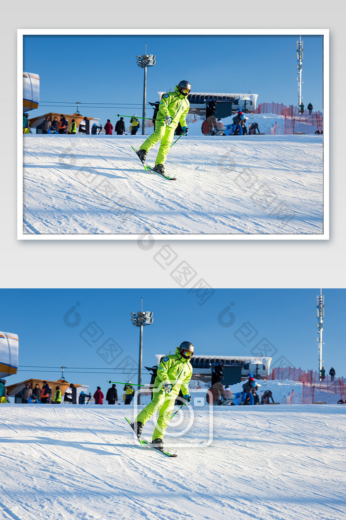绿色衣服滑雪运动员正在滑雪