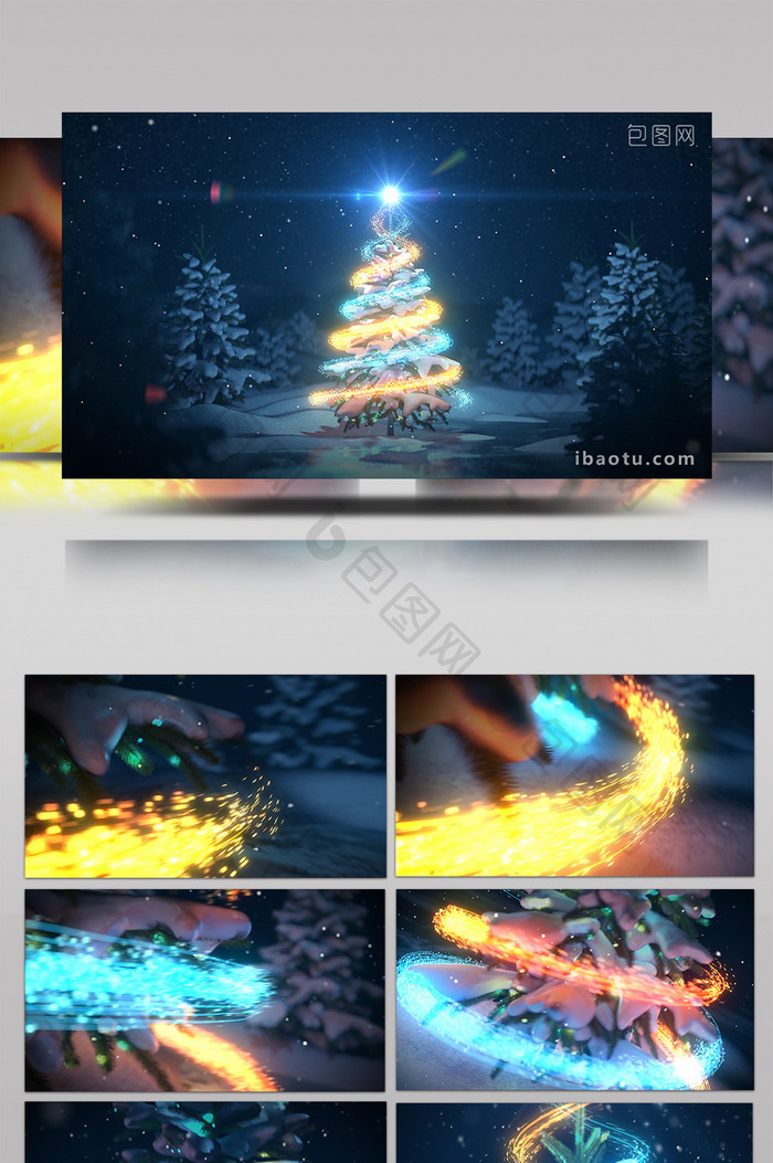魔法光线粒子缠绕圣诞树展示祝福语AE模板