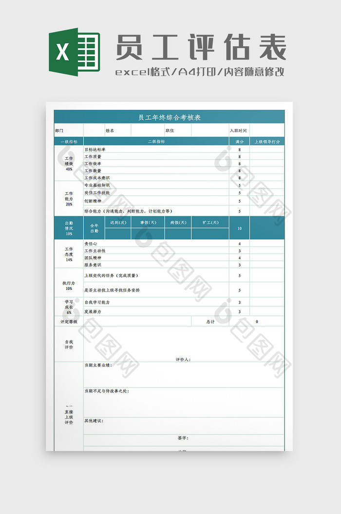 员工年终评估表自动评分表Excel模板