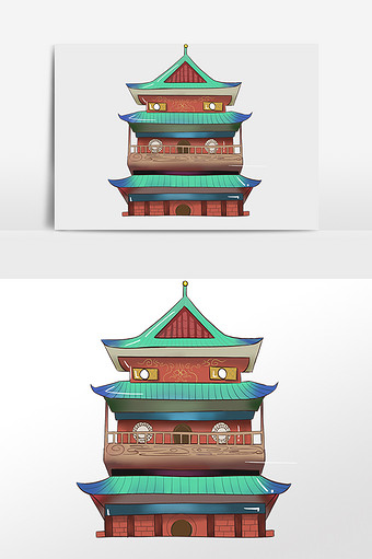 卡通手绘鼓楼建筑