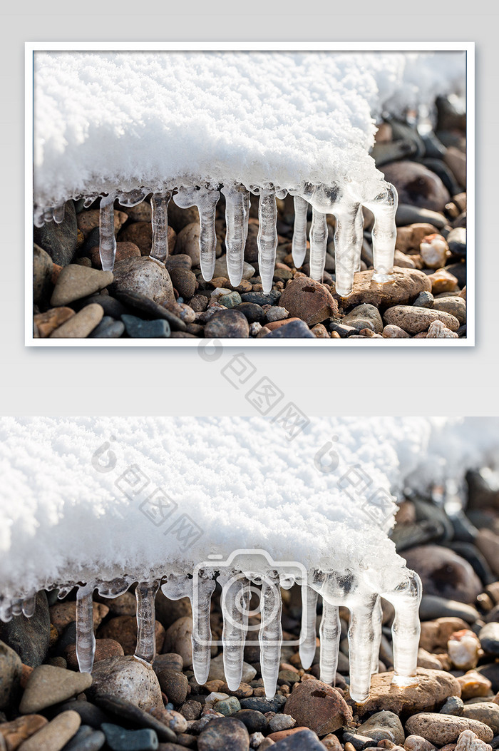 寒冷冬天河边雪地冰柱