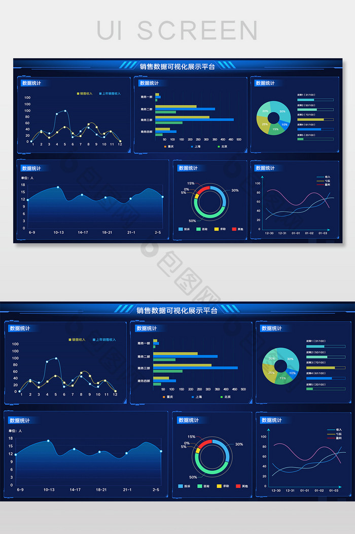 蓝色销售数据可视化展示平台网页UI界面