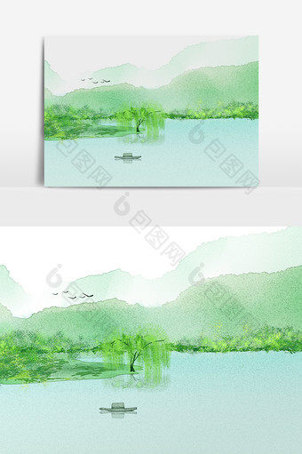 水墨春季溪水树枝植物图片