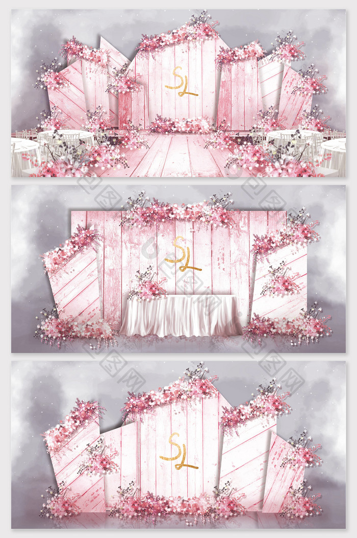 粉色木板小清新手绘婚礼效果图