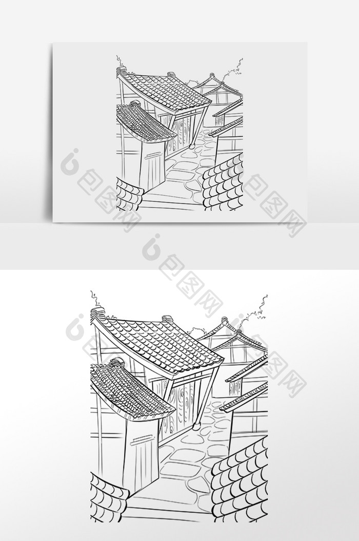 线描老街老胡同胡同风光