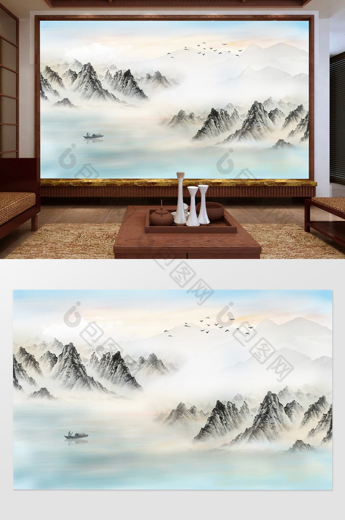 新中式水墨山水飞鸟意境客厅背景墙图片图片