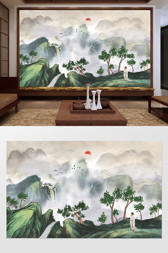 中式高山迷雾诗人远眺禅意背景墙图片