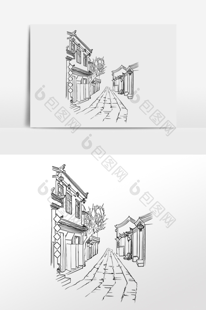 线描古街道古镇古巷建筑图片