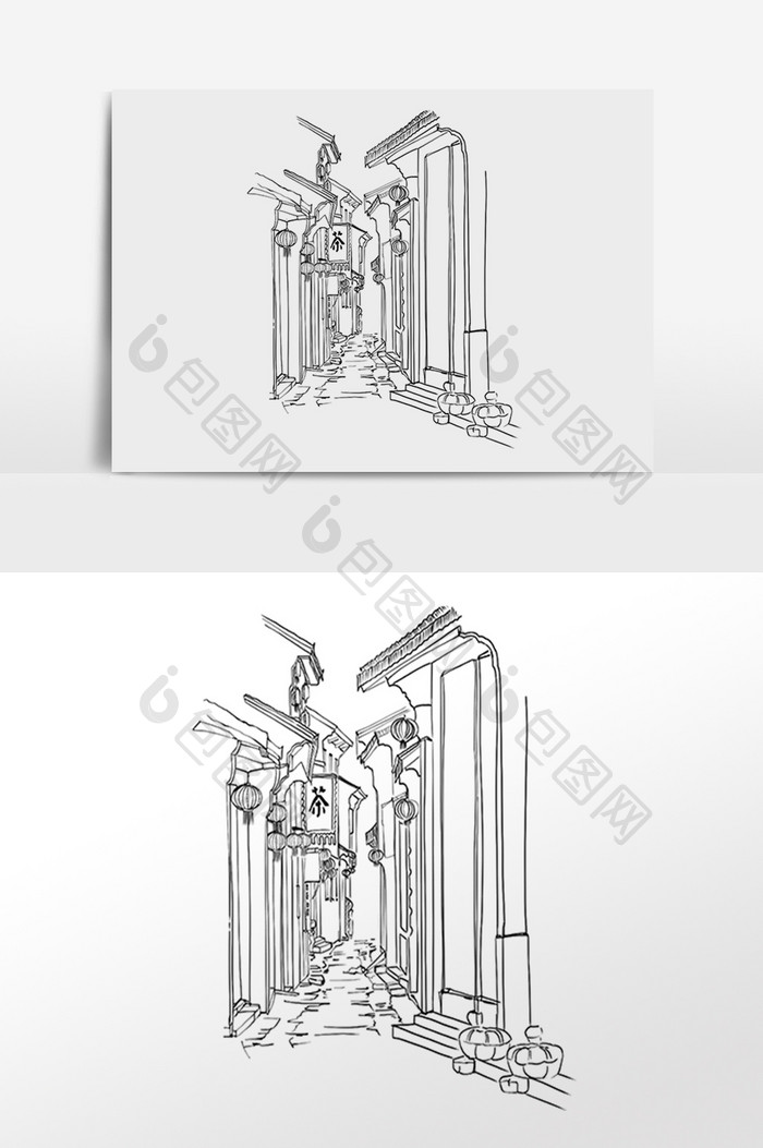 线描古街道古巷古镇建筑