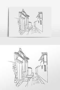 线描古街古镇建筑图片