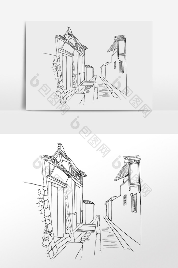 线描古街道古镇建筑