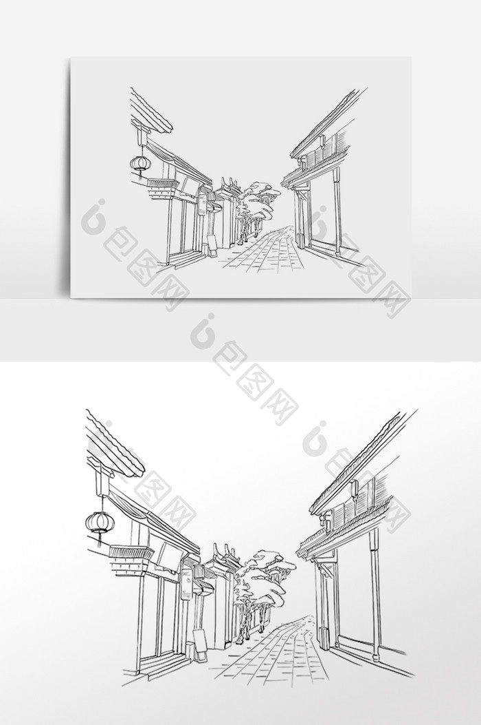 线描古镇街道建筑