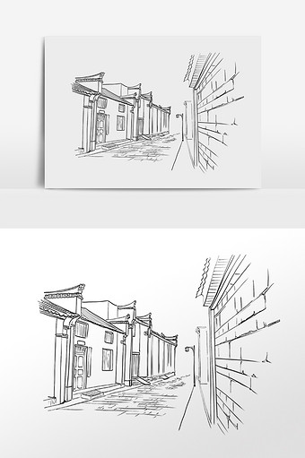 线描老街古镇街道建筑