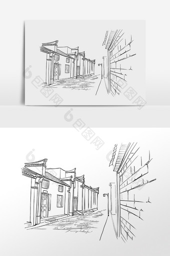 线描老街古镇街道建筑图片