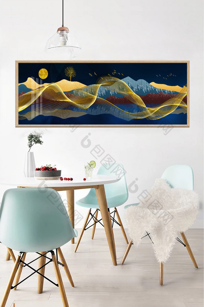 新中式抽象山水金色线条发财树晶瓷画装饰画图片图片