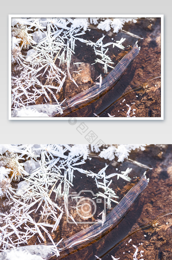 水面冰面上的白色雪花冬季景色