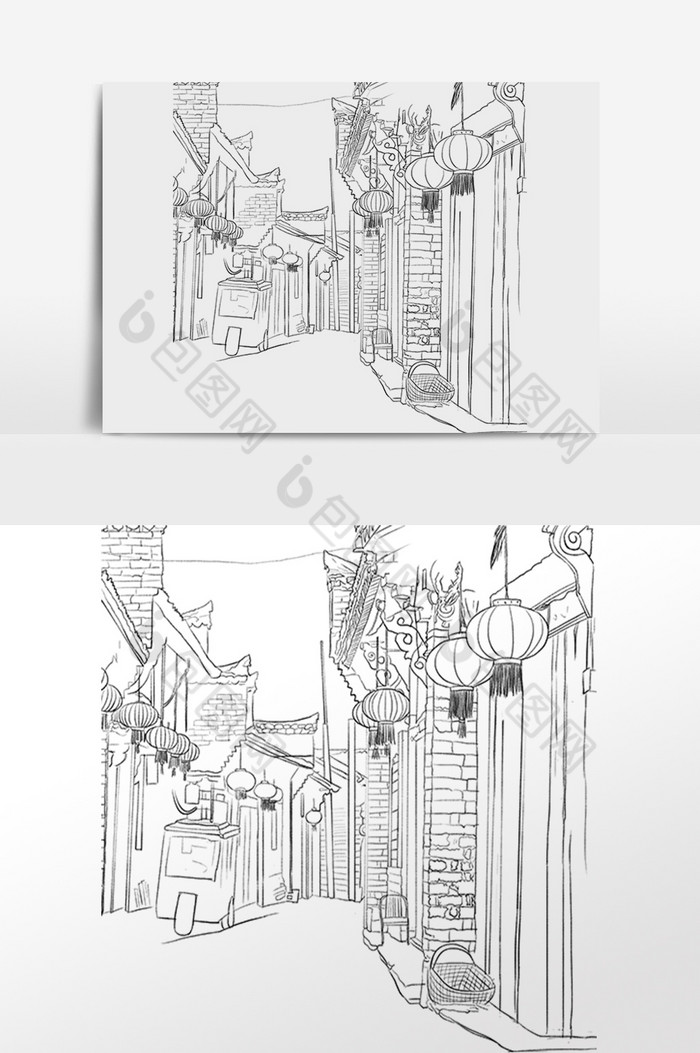 线描古街道房屋建筑图片