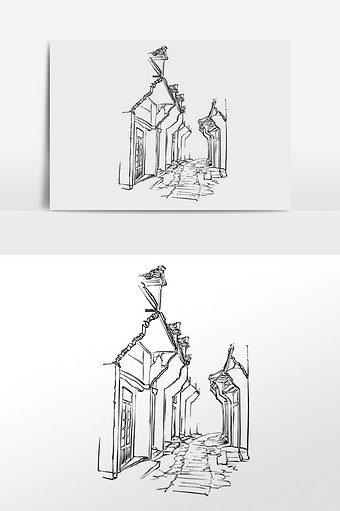 线描老街房屋建筑