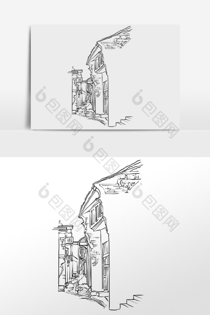 线描老街古街房屋建筑