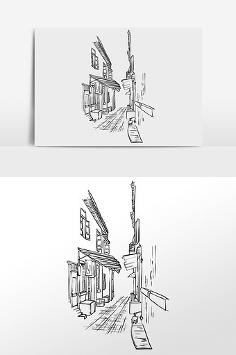 古城街道手绘图片