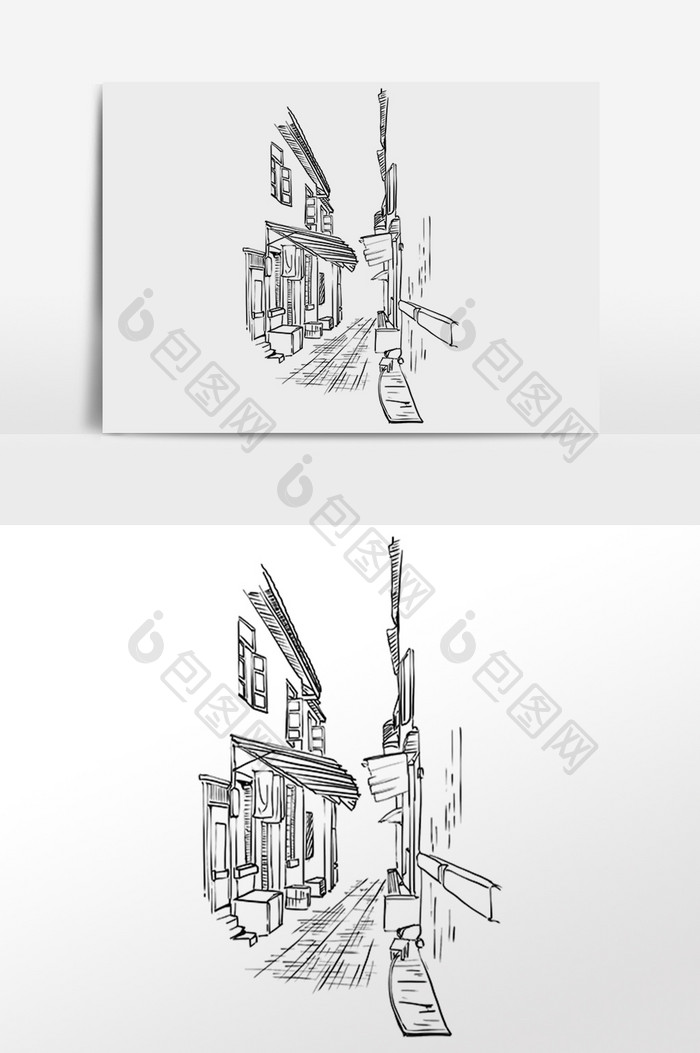 建筑线描老街古街