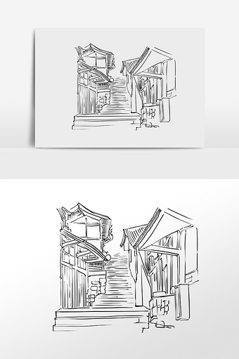 古建筑线描老街古街