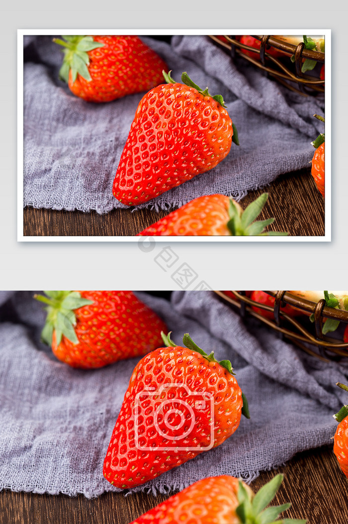 蓝布上的草莓水果红色