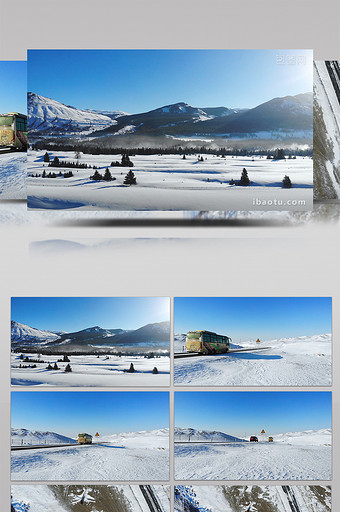 航拍新疆布尔津县禾木公路汽车雪山雪景图片