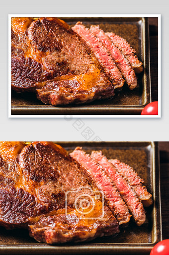 砧板上切开的牛肉图片