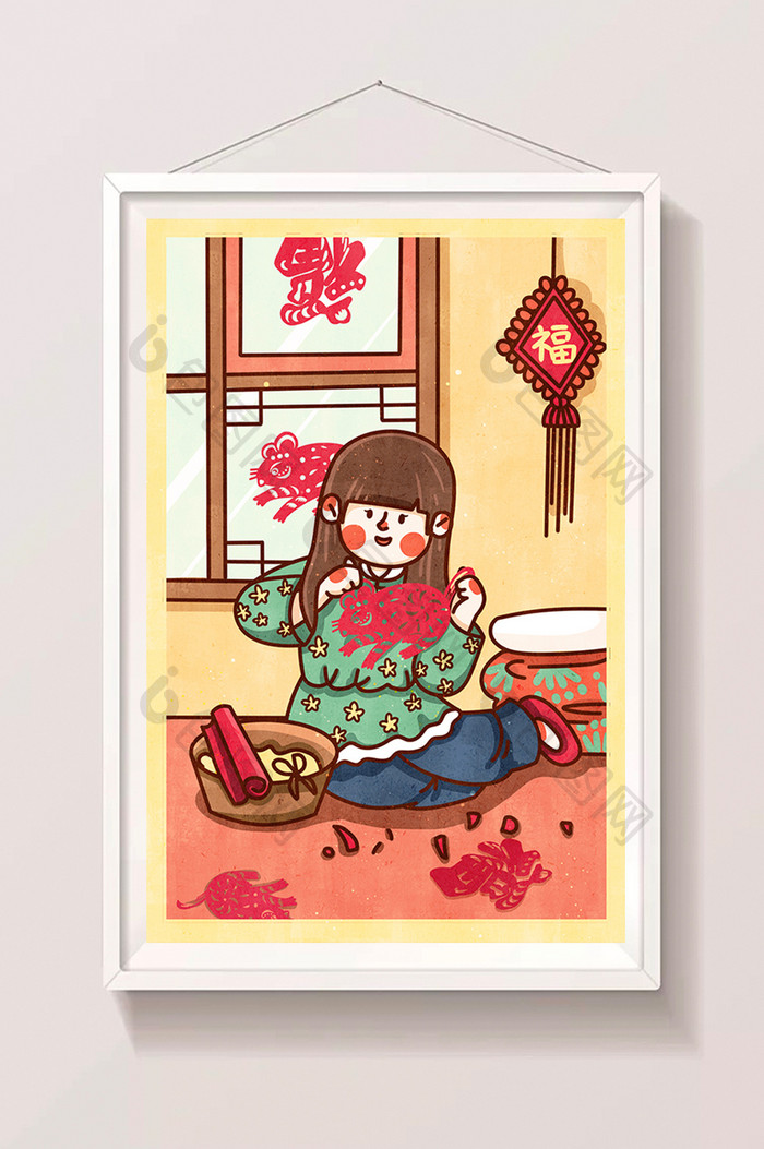 红色喜庆传统节日小年鼠年女孩剪纸插画海报
