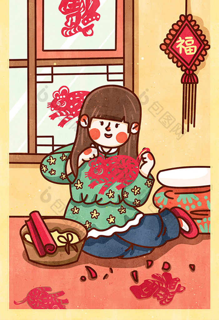红色喜庆传统节日小年鼠年女孩剪纸插画海报