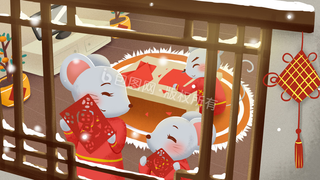红色喜庆鼠年春节贴窗花动图GIF图片