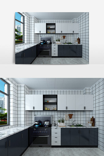 个性定制现代简约黑白色厨房橱柜图片