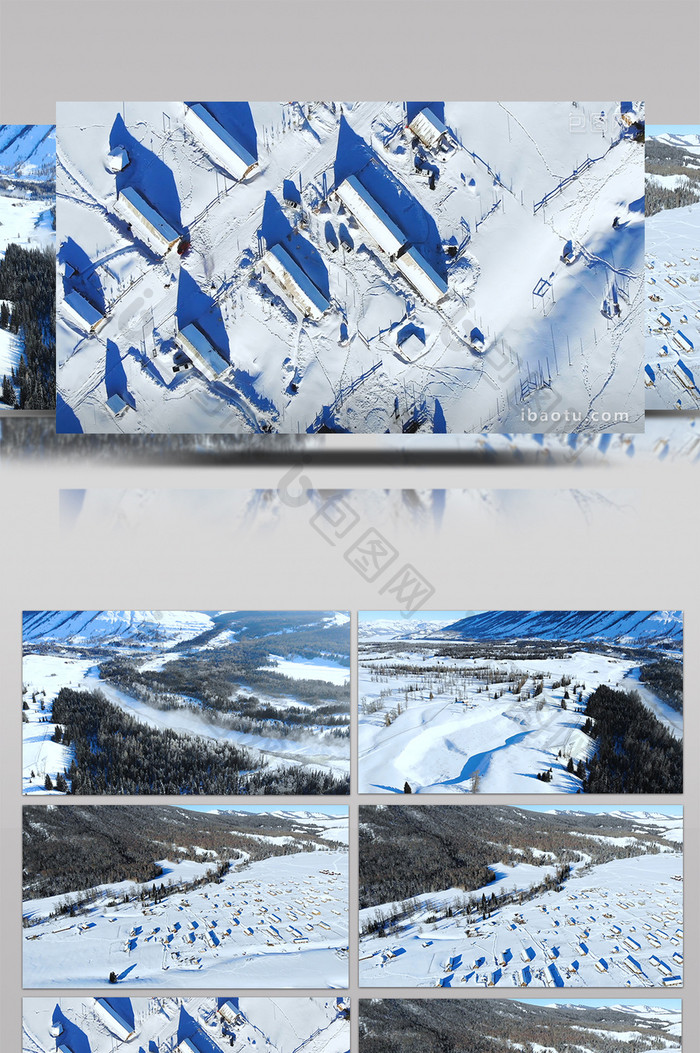 航拍新疆喀纳斯禾木村木屋雪山雪植被实拍
