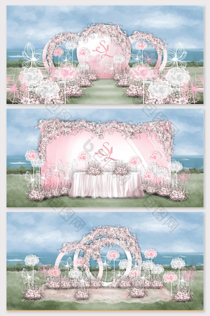 粉色韩式小清新手绘海边婚礼效果图